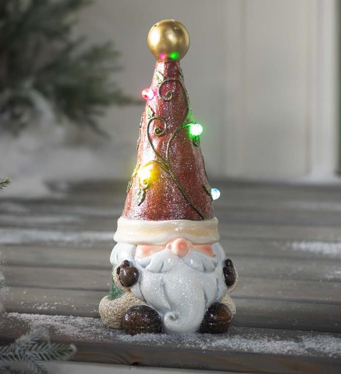 hooajalised ja kingitused 820L2993 valgustatud pühade aiapäkapiku kuju koos jõuluvana mütsiga Plow & Hearth