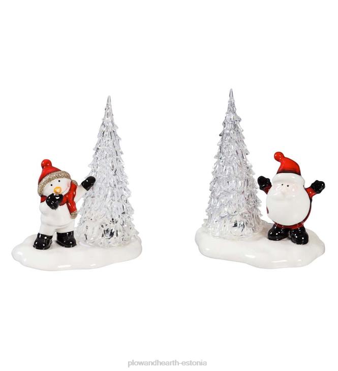 hooajalised ja kingitused 820L2188 led keraamiline lumememm ja jõuluvana koos puudega, komplektis 2 Plow & Hearth