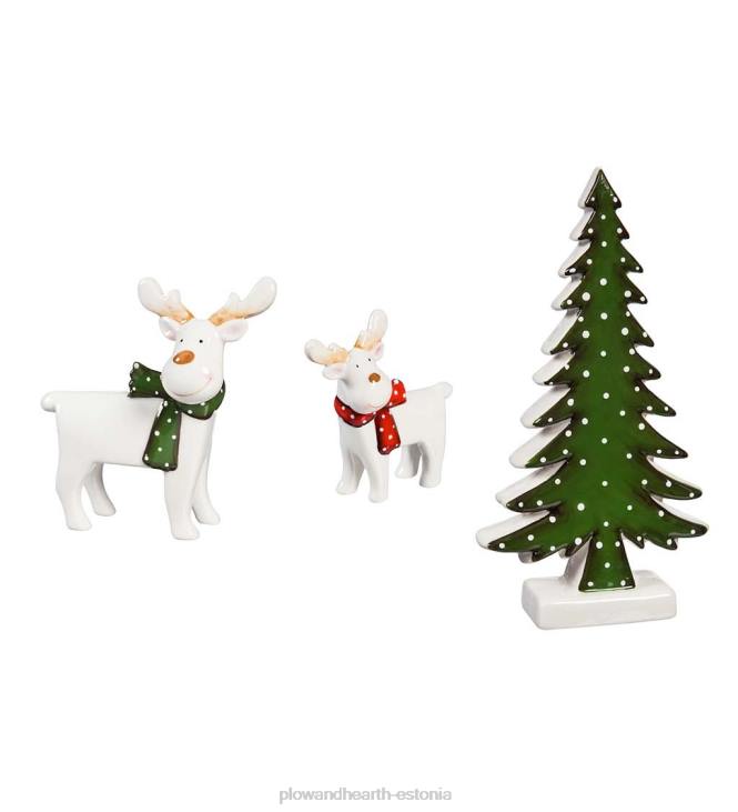 hooajalised ja kingitused 820L2193 keraamiline põhjapõdra ja igihaljas lauadekoor, komplektis 3 Plow & Hearth