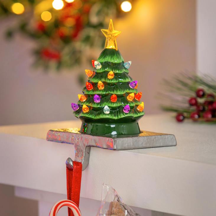 hooajalised ja kingitused 820L2236 valgustatud keraamiline jõulupuu sukkariide Plow & Hearth
