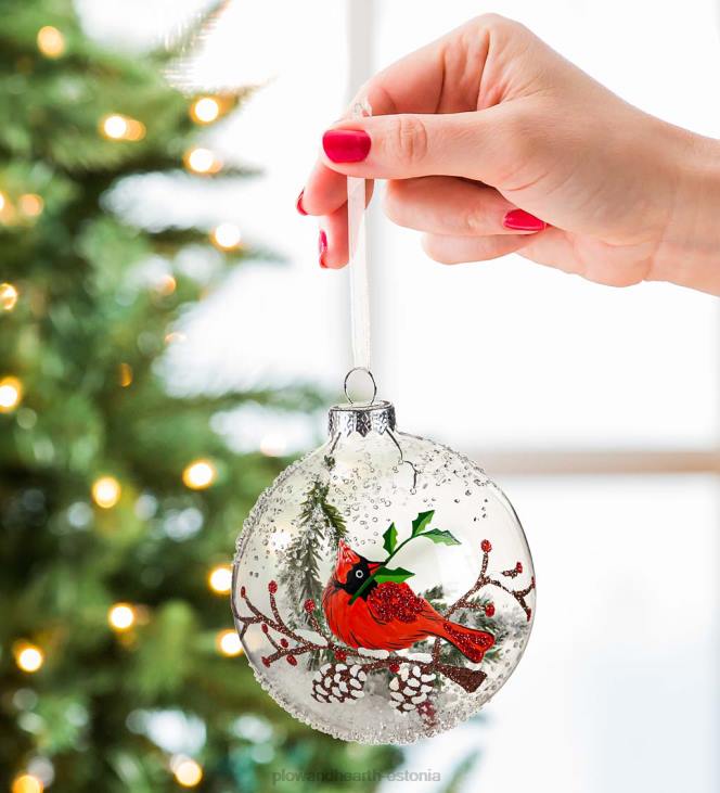 hooajalised ja kingitused 820L2248 klaasist kardinali ja lume kuuseehted, komplektis 2 Plow & Hearth