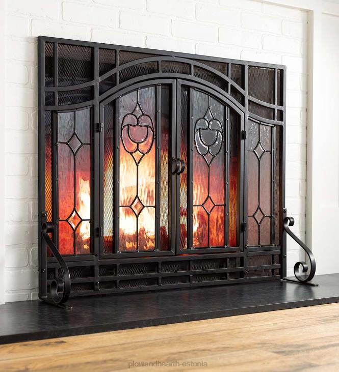 kamin 820L2876 kaheukseline kaminaekraan klaasist lillepaneelidega Plow & Hearth