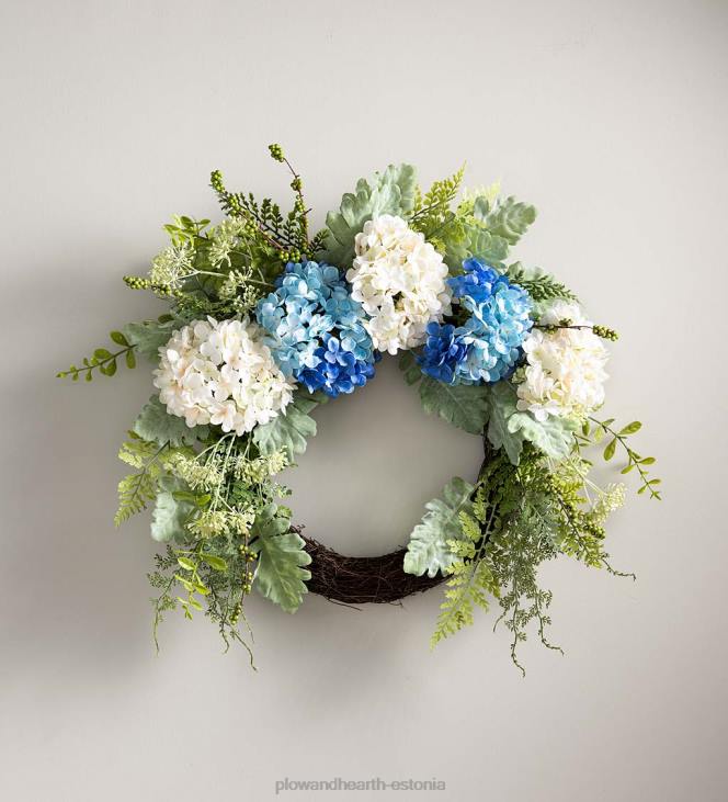 majatarbed 820L2441 sinine ja valge kunsthortensia pärg rohelusega Plow & Hearth