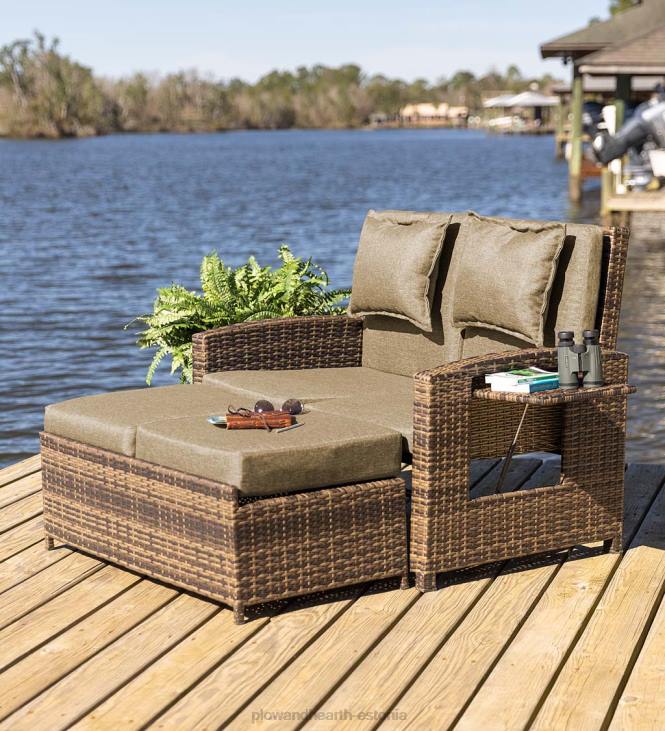 majatarbed 820L1083 Multifunktsionaalne õues vitstest armastustooli lamamistool taupe toonide patjadega Plow & Hearth