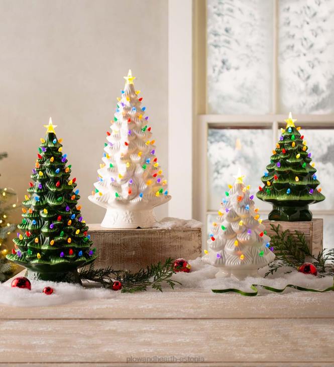 majatarbed 820L1688 sise-/väljas akutoitel valgustatud keraamiline jõulupuu Plow & Hearth