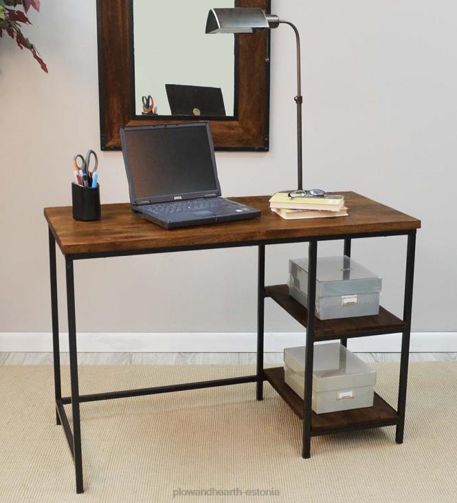 mööbel 820L2021 tööstuslikus stiilis puidust ja metallist riiulitega kirjutuslaud - kastan Plow & Hearth